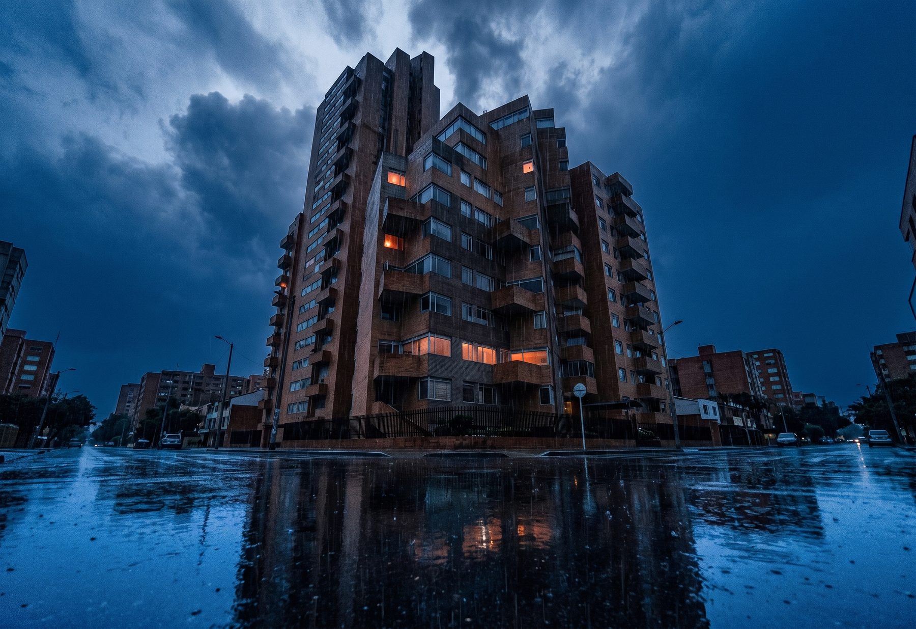 Torre residencial de ladrillo bajo un cielo de tormenta, con pocas ventanas encendidas